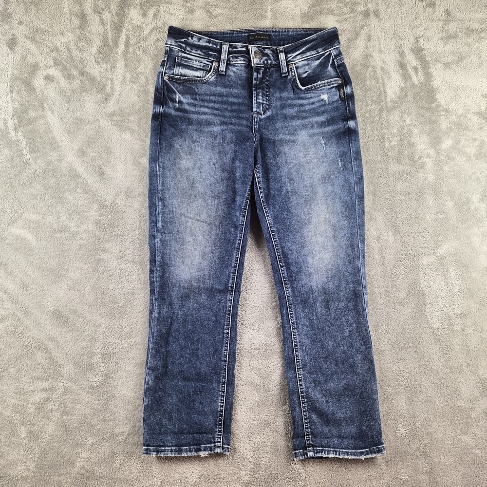 Silver Jeans Co Suki Womens (Fits 28x24) Blue Denim Capri Stretch Distressed Y2K